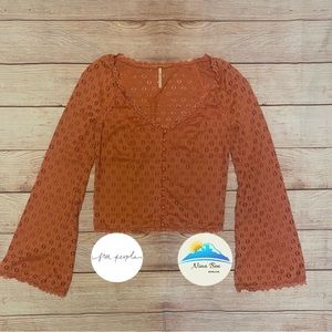 Free People Crop Buttoned Eyelet Floral Bell Sleeve top size S pink/blush color